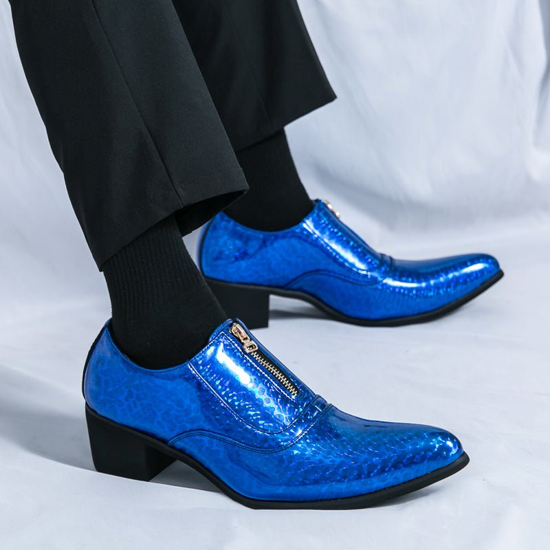 SHOWLU Men's formal dress shoes in black slip-on PU leather with plaid pattern, rubber sole, and low-top design for business or wedding.
