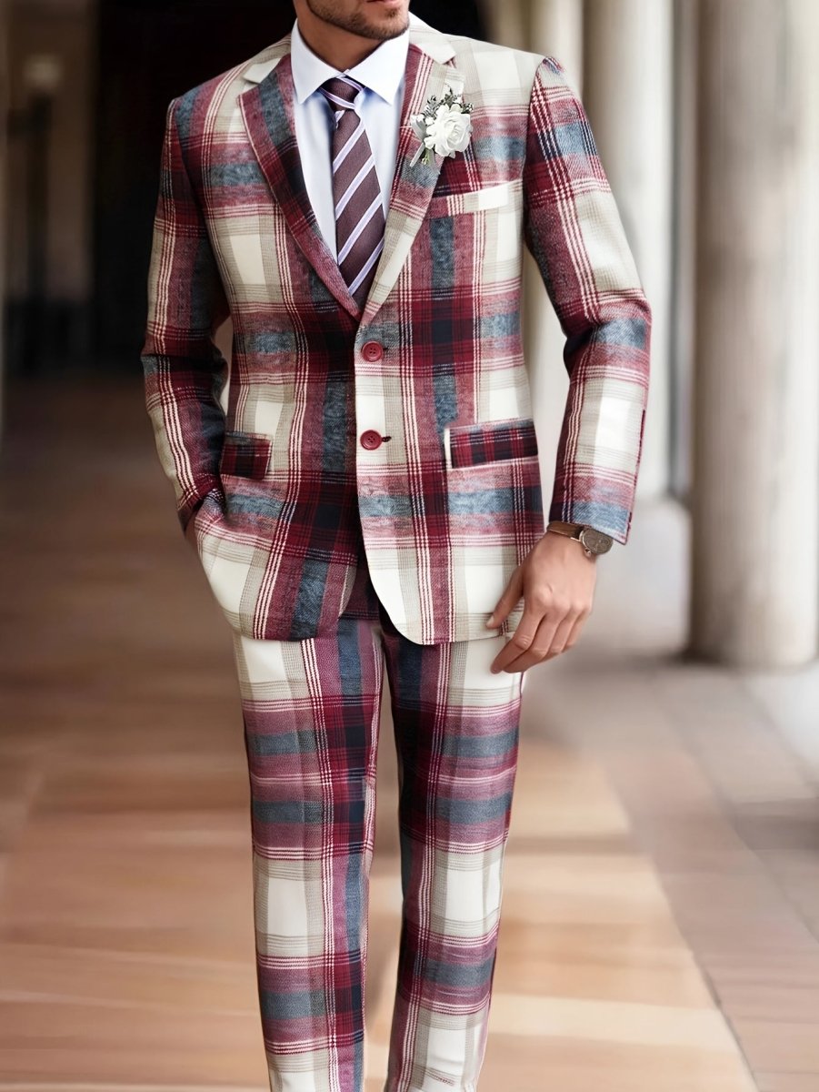 Men's plaid suit by SHOWLU FASHION, classic fit polyester business suit ideal for meetings, social events, casual, and formal wear.