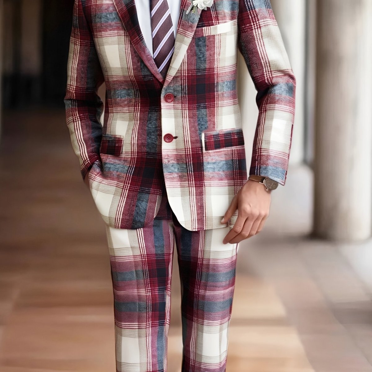 Men's plaid suit by SHOWLU FASHION, classic fit polyester business suit suitable for meetings, social events, and versatile casual or formal wear.
