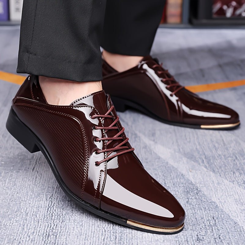 Men's black patent pointed-toe dress shoes with mesh detailing and lace-up design from SHOWLU, suitable for business and casual wear.