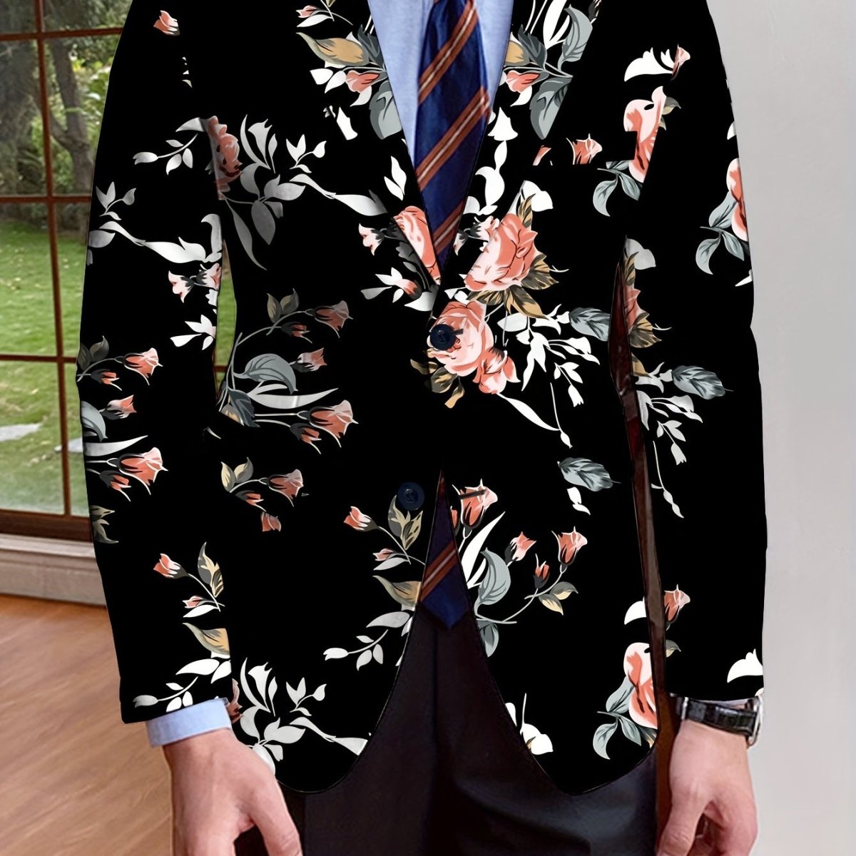 Men's floral blazer by SHOWLU FASHION, regular fit, single-breasted polyester jacket with long sleeves and solid color design.