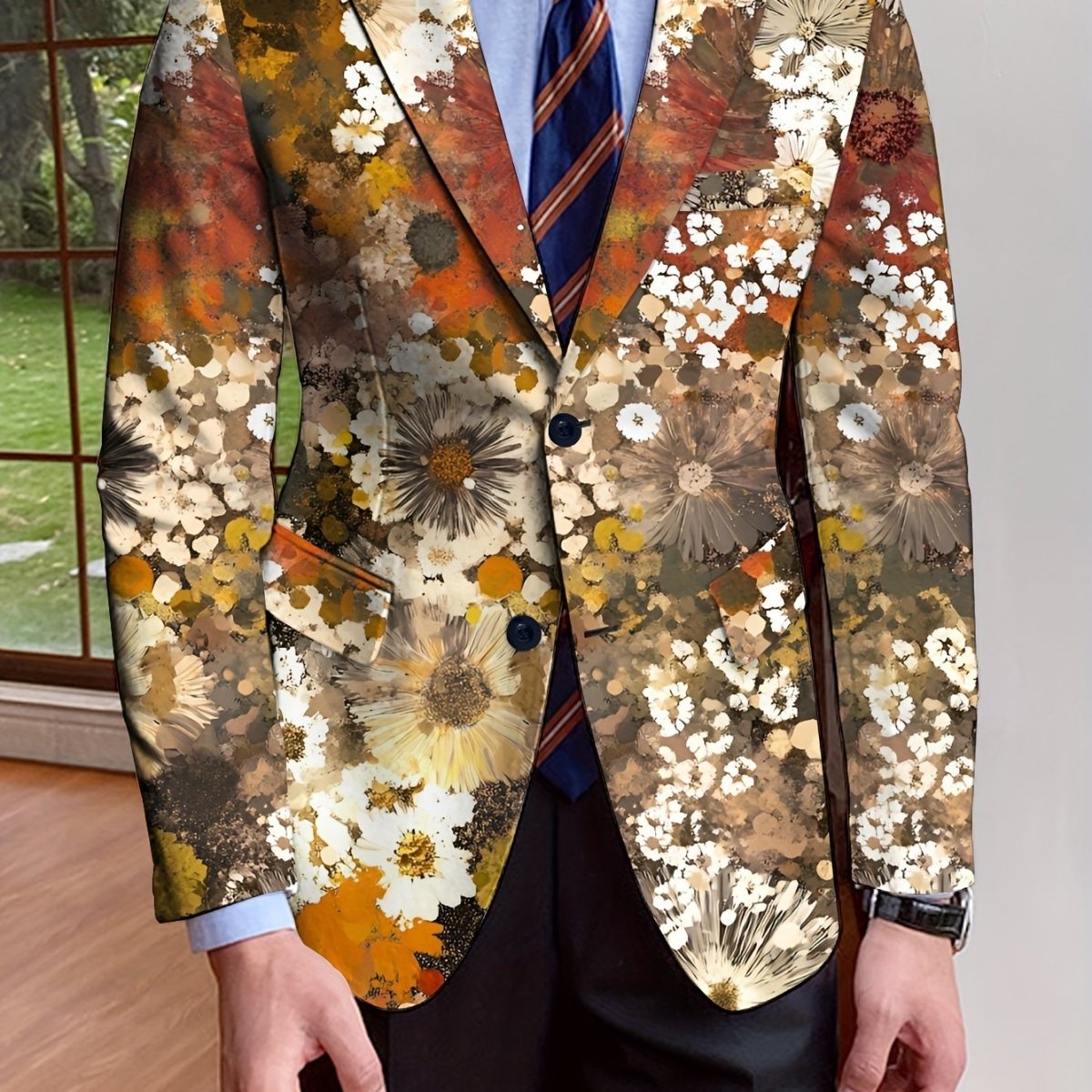 Men's floral blazer by SHOWLU FASHION, regular fit single-breasted jacket with long sleeves and solid color design.
