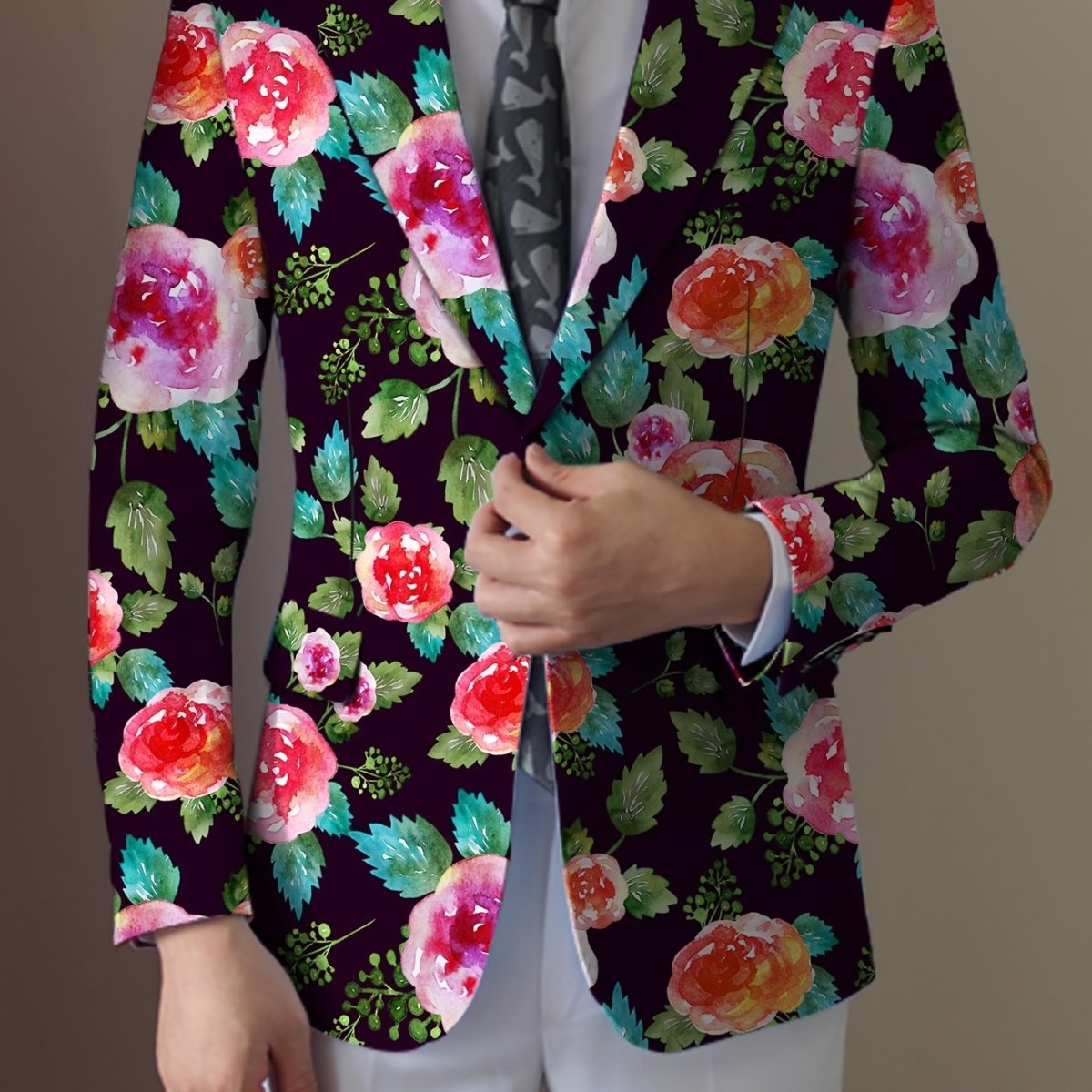 Men's floral pattern suit jacket by SHOWLU FASHION, regular fit blazer with lapel collar, woven polyester fabric, and button details.