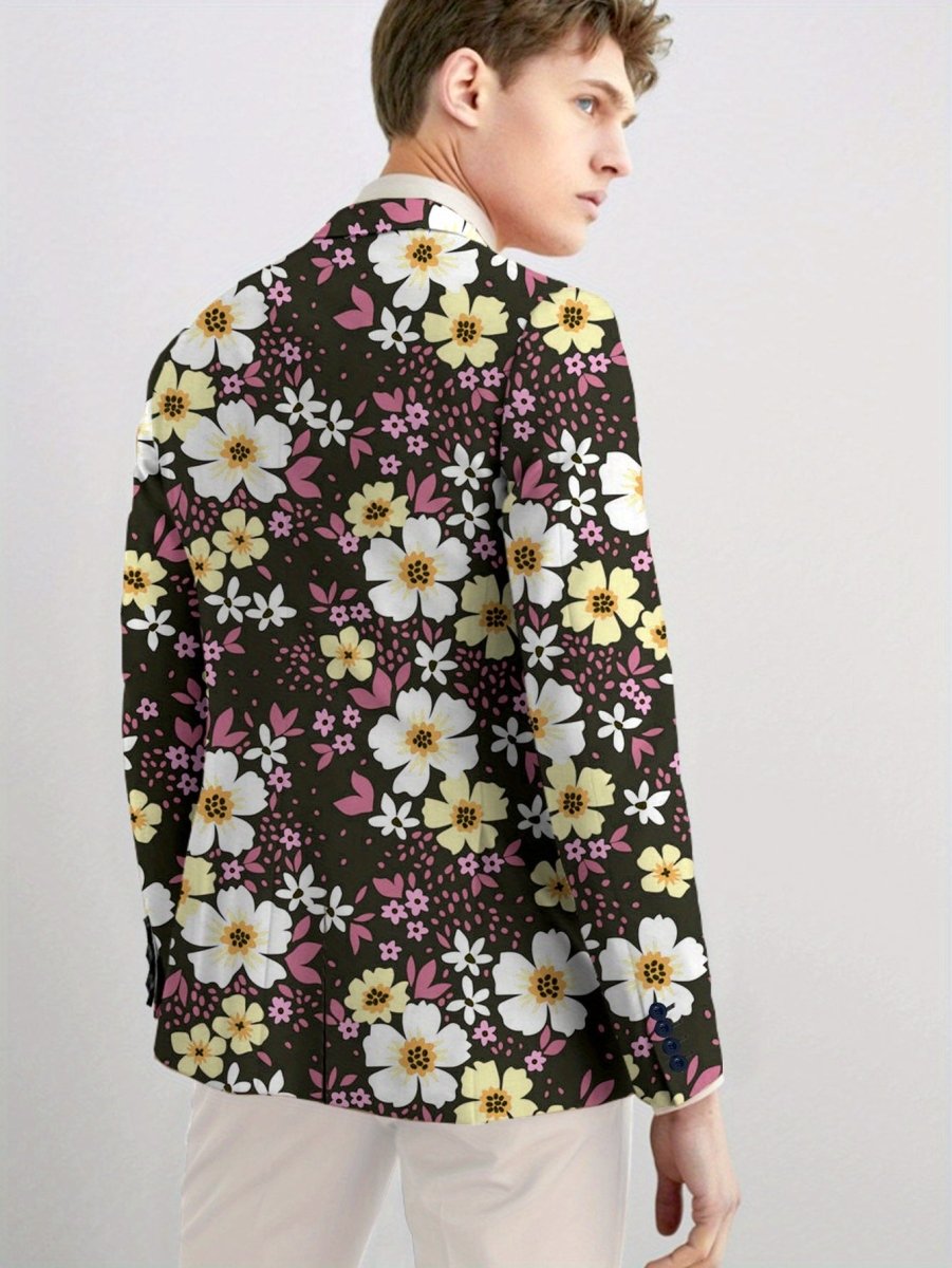 Men's floral print blazer by SHOWLU FASHION STORE, regular fit polyester suit jacket with lapel collar, floral pattern, and button detail.