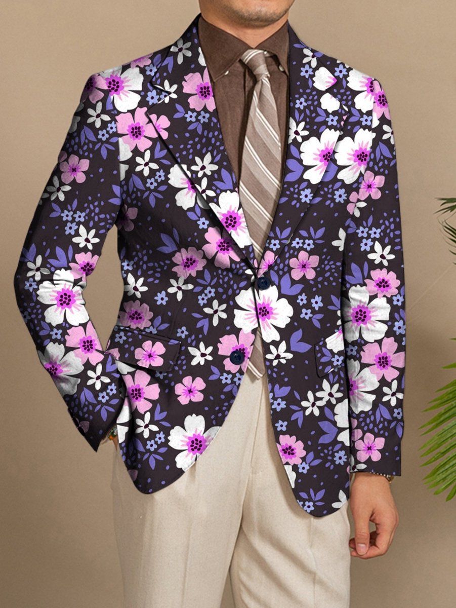 Men's floral print blazer by SHOWLU FASHION STORE, regular fit polyester suit jacket with lapel collar and button details.
