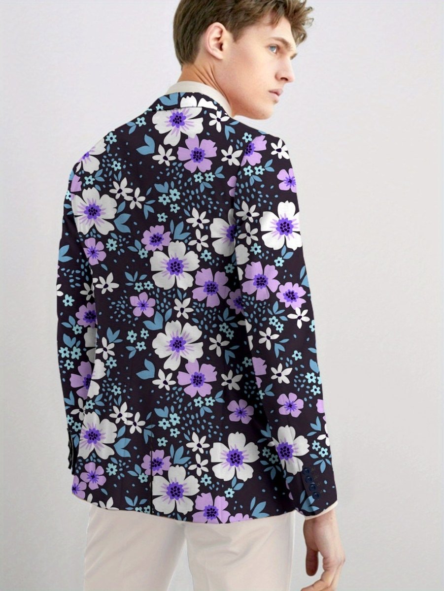 Men's floral print blazer by SHOWLU FASHION STORE, regular fit polyester suit jacket with lapel collar and button details.