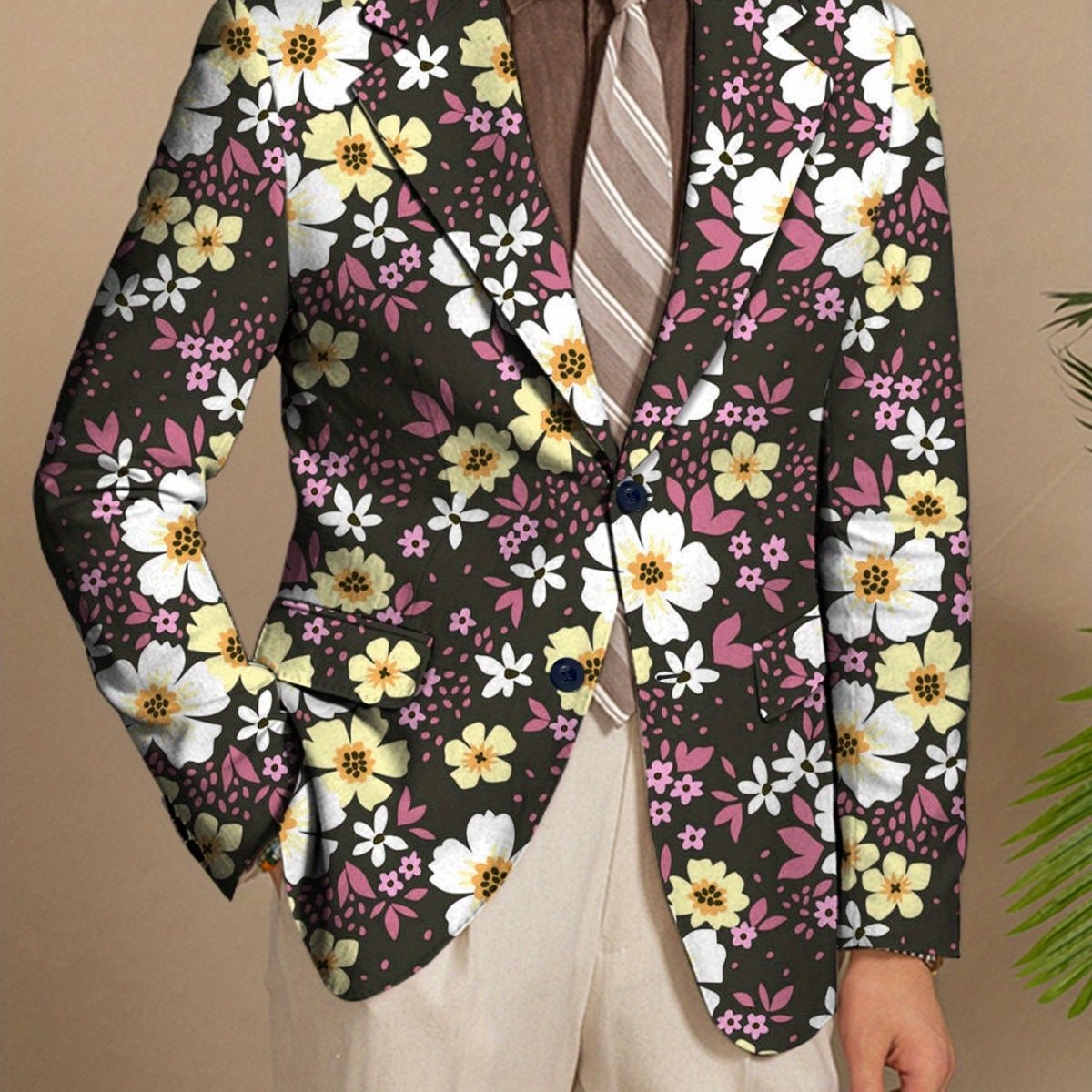 Men's floral print blazer by SHOWLU FASHION STORE, regular fit polyester suit jacket with lapel collar, button details, and elegant casual style.