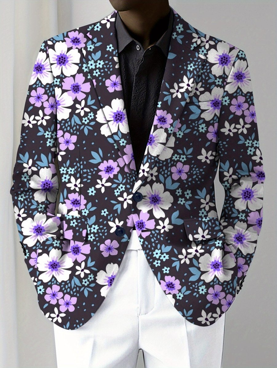 Men's floral print blazer by SHOWLU FASHION STORE, regular fit polyester suit jacket with lapel collar, button detail, and elegant casual style.