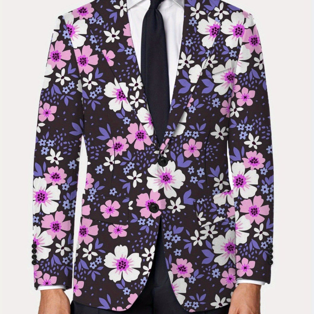 Men's floral print blazer by SHOWLU, regular fit polyester suit jacket with lapel collar, button details, and elegant casual style.