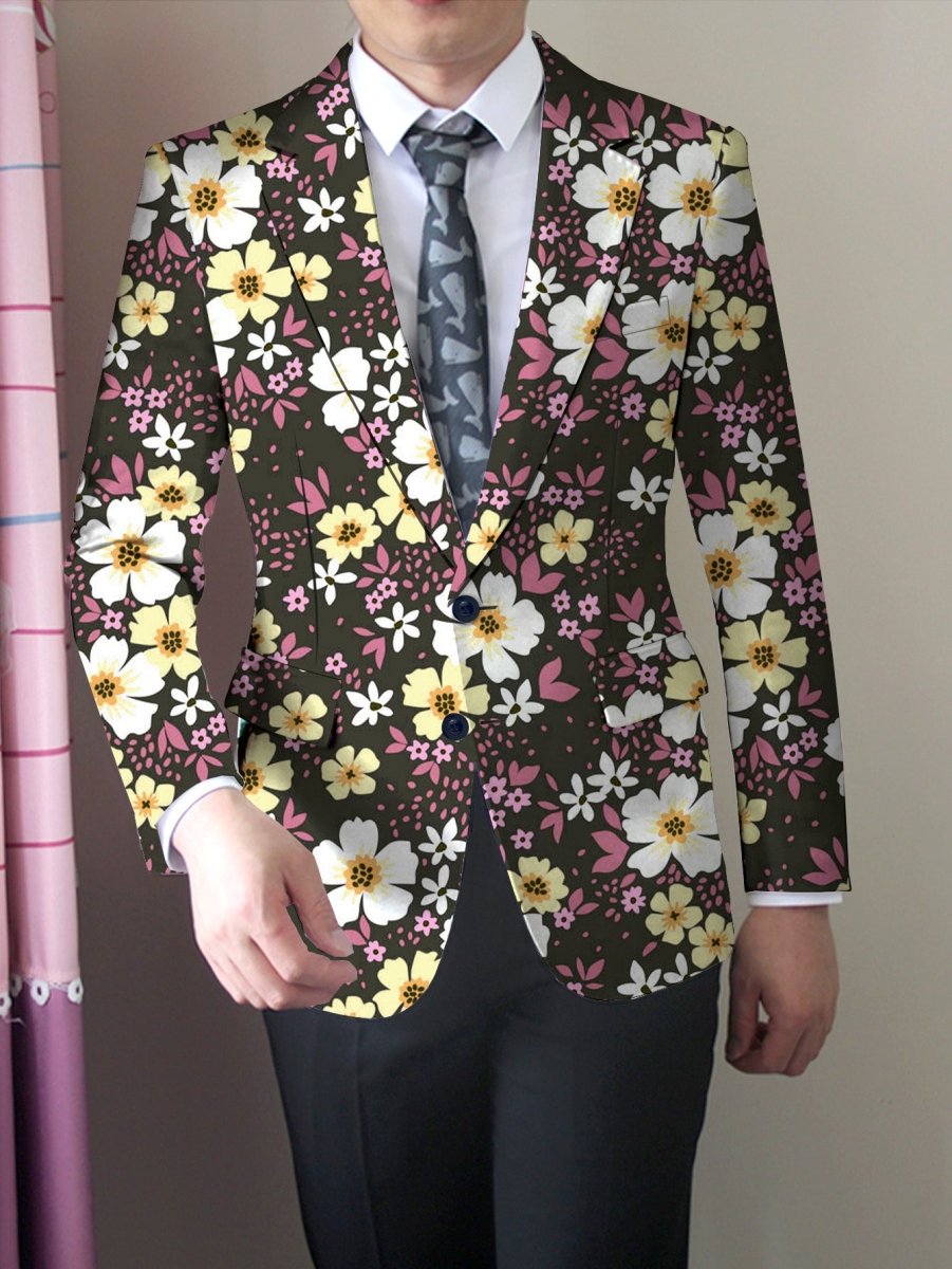 Men's floral print blazer by SHOWLU FASHION STORE, regular fit polyester suit jacket with lapel collar and button details.