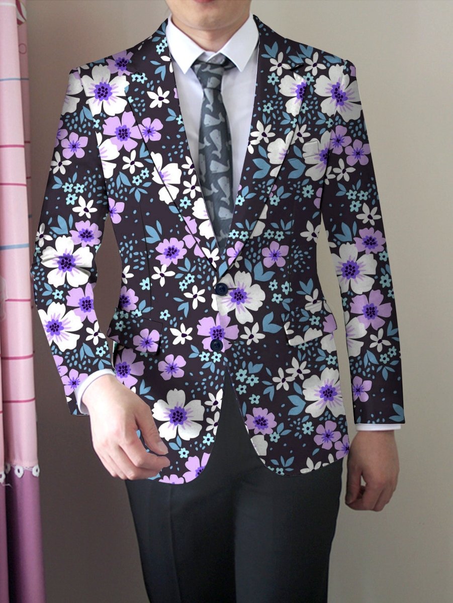 Men's floral print blazer by SHOWLU FASHION STORE, regular fit polyester suit jacket with lapel collar and button details.