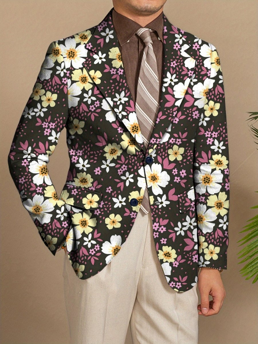 Men's floral print blazer from SHOWLU FASHION STORE, regular fit polyester suit jacket with lapel collar and button details.