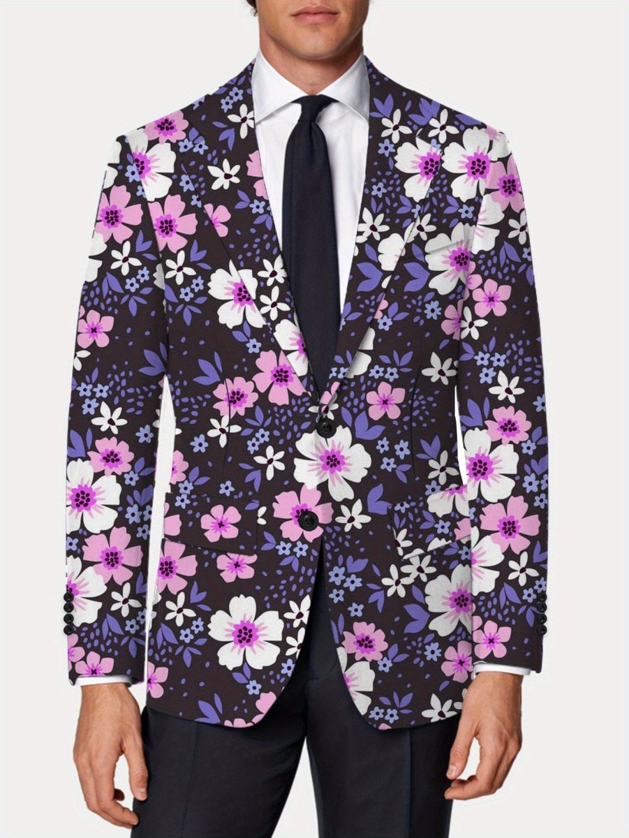 Men's floral print blazer by SHOWLU FASHION STORE, regular fit polyester suit jacket with lapel collar, button details, and elegant casual style.