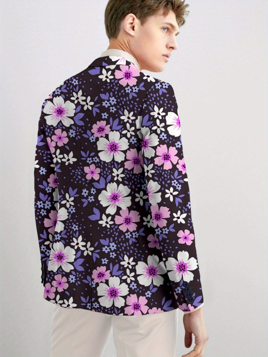 Men's floral print blazer by SHOWLU FASHION STORE, regular fit polyester suit jacket with lapel collar and button details.
