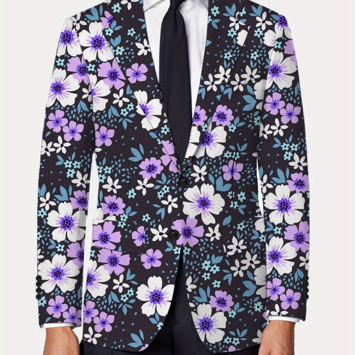 Men's floral print blazer by SHOWLU FASHION STORE, regular fit polyester suit jacket with lapel collar and button details.