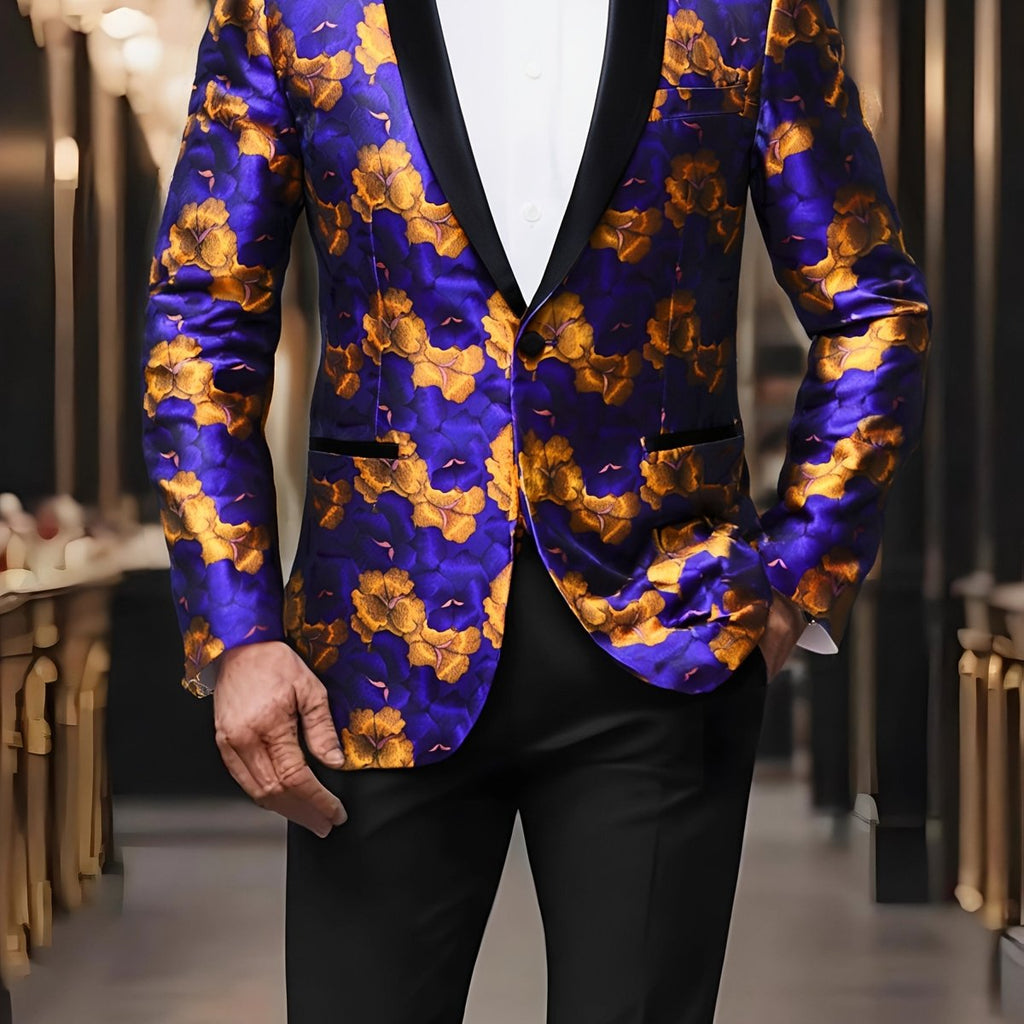 Men's floral print blazer by SHOWLU FASHION with purple shawl lapel, lightweight design, one-button closure, and vibrant flower pattern.