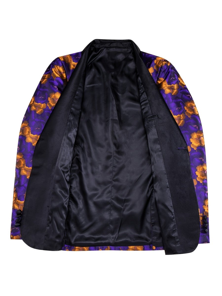 Men's purple floral print blazer by SHOWLU FASHION with shawl lapel, lightweight, one-button design, regular fit, suitable for business.