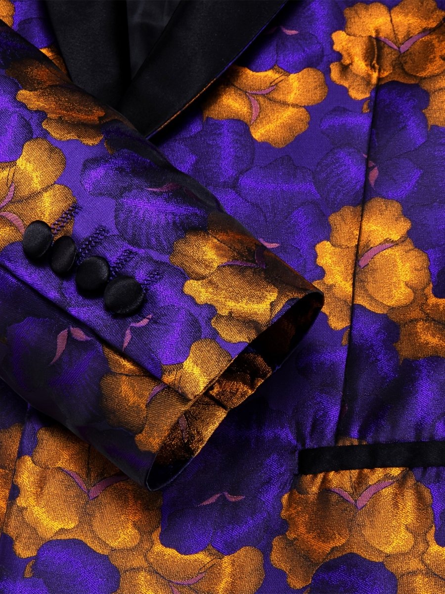 Men's floral print blazer by SHOWLU FASHION, purple lightweight blazer with shawl lapel, one-button design, regular fit with orange flower pattern.