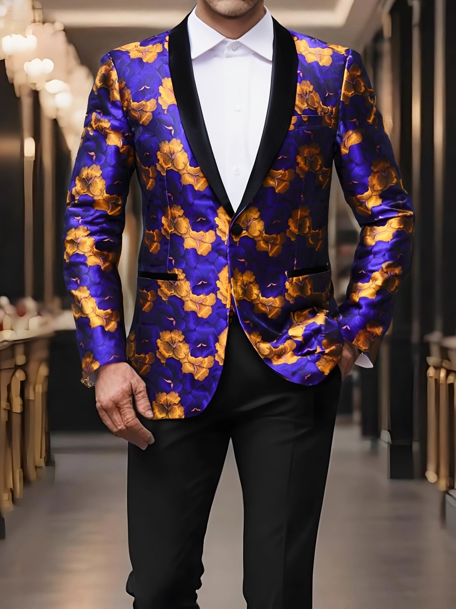 Men's purple floral print blazer with shawl lapel, lightweight design, one-button closure, classic fit, featuring orange flower accents.