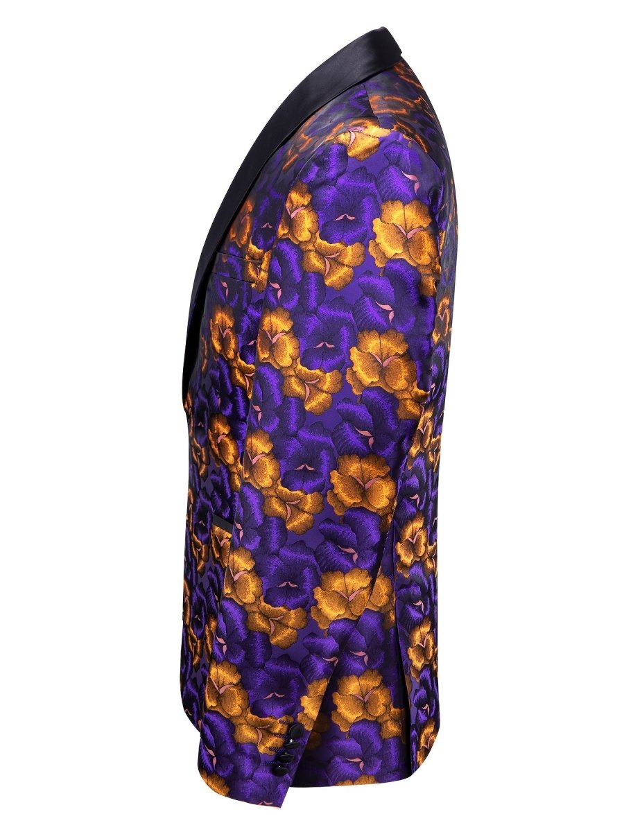 Men's floral print blazer by SHOWLU FASHION, purple lightweight blazer with shawl lapel, one-button, classic fit, vibrant flower design.