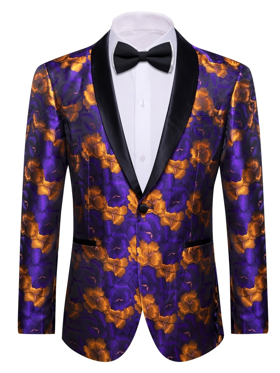Men's floral print blazer by SHOWLU FASHION, lightweight purple blazer with shawl lapel, featuring purple and orange flower design.