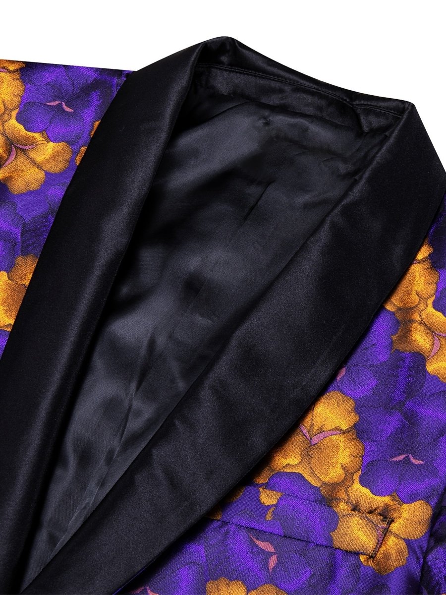 Men's floral print blazer by SHOWLU FASHION, lightweight purple blazer with shawl lapel, orange flower design, regular fit.