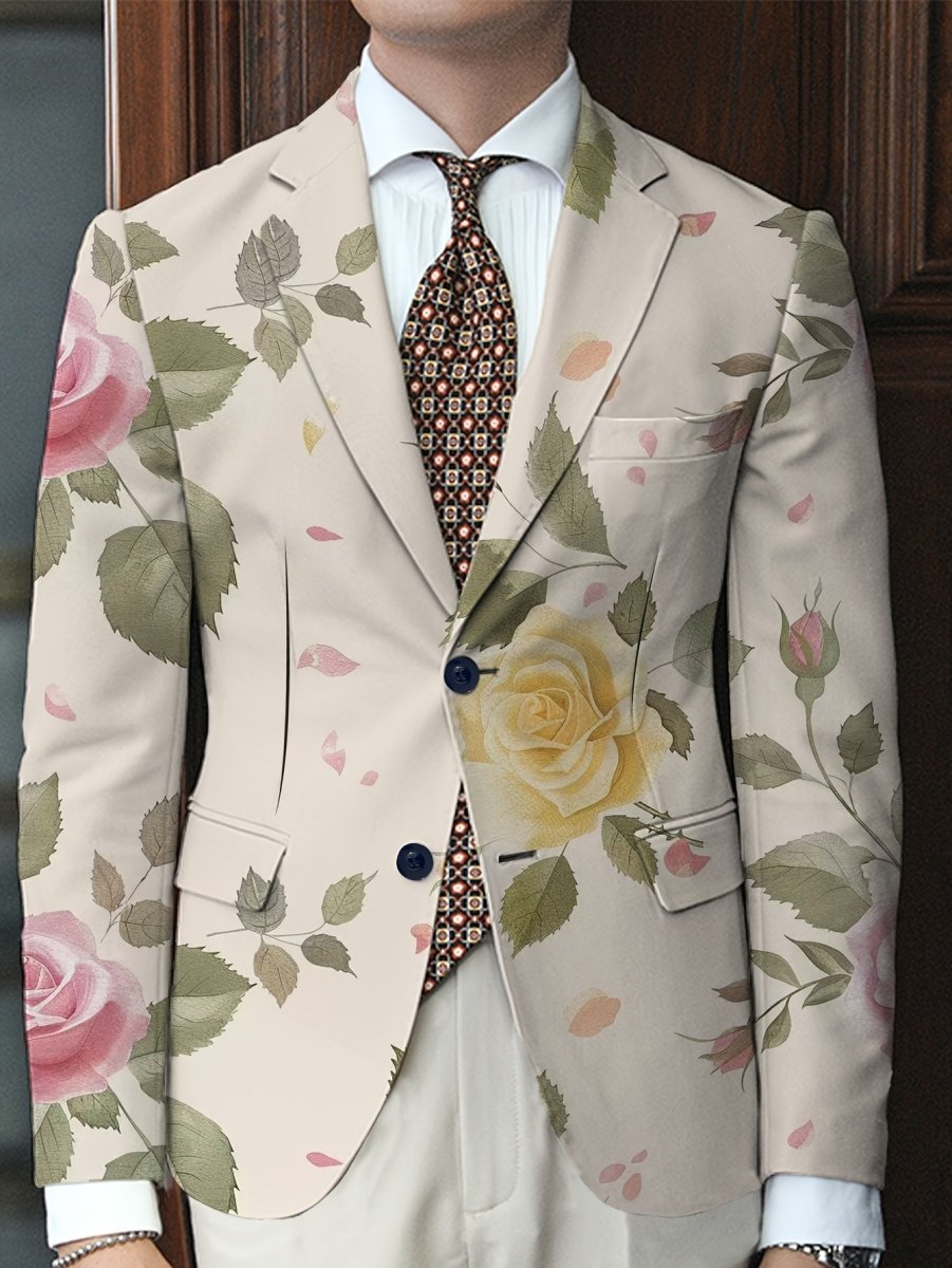 Men's SHOWLU floral print blazer made of lightweight polyester with vibrant tulip and anemone design, casual two-button suit jacket