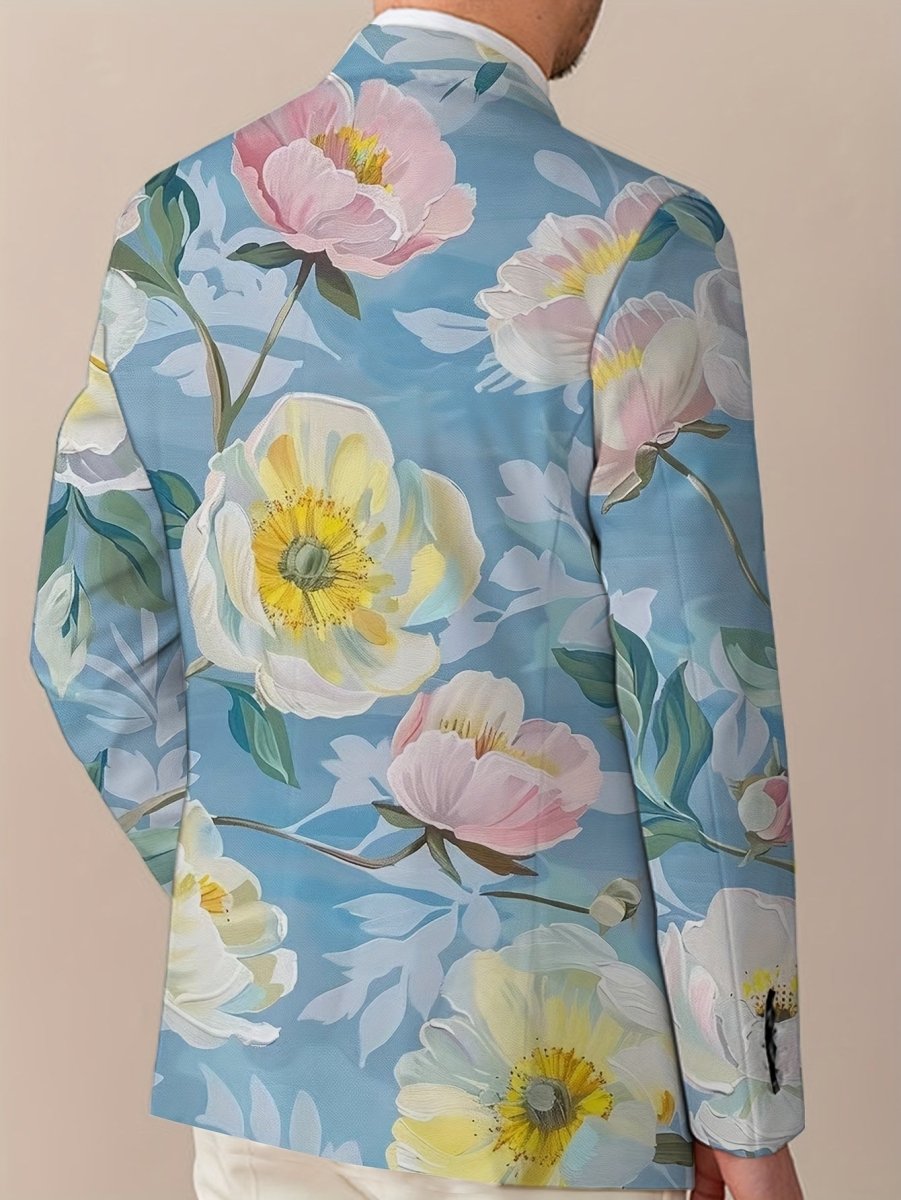 Men's SHOWLU floral print blazer with vibrant tulip and anemone design, lightweight polyester suit jacket, casual two-button style.