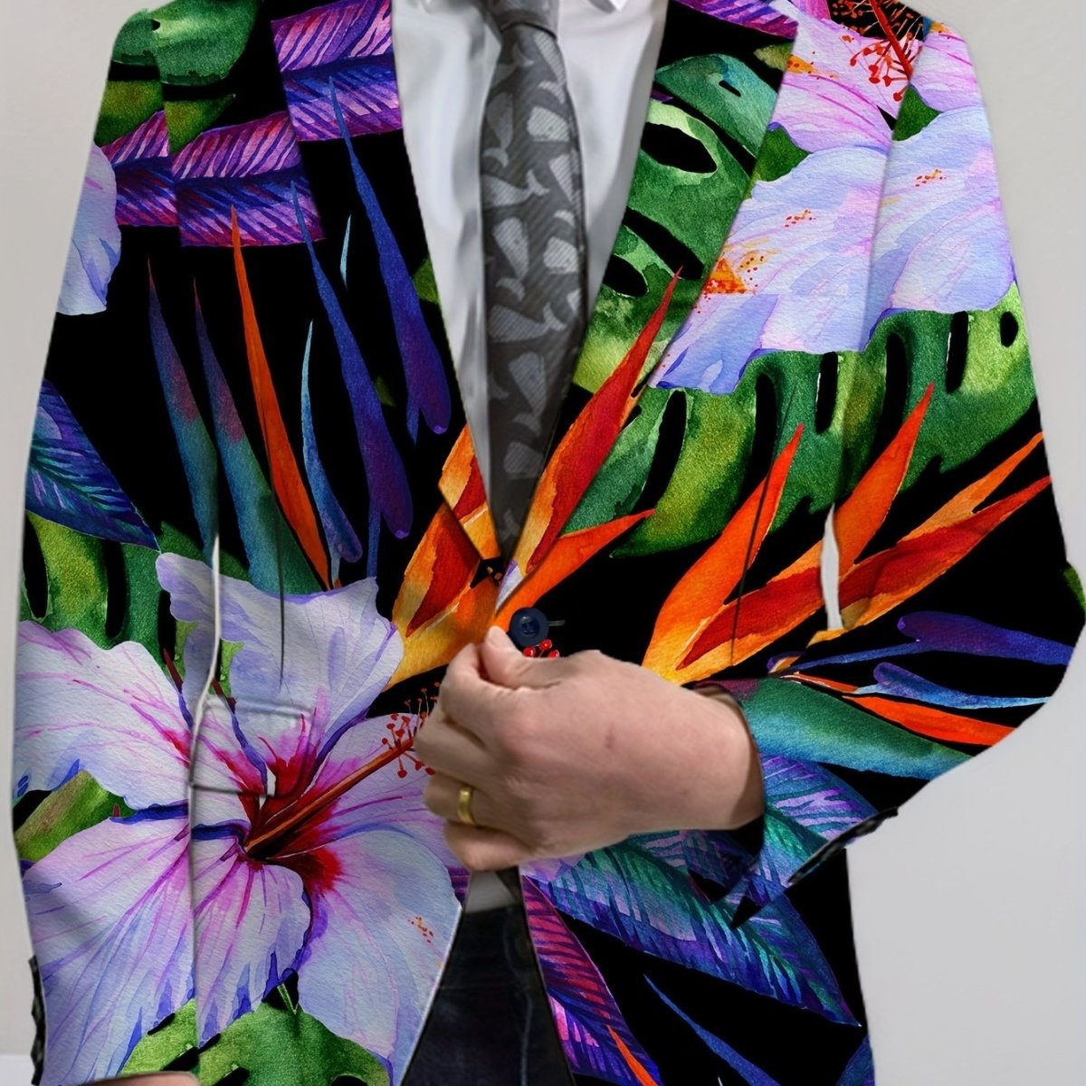 Men's floral print blazer by SHOWLU FASHION STORE, lightweight polyester suit jacket with vibrant tulip and anemone design, casual style.