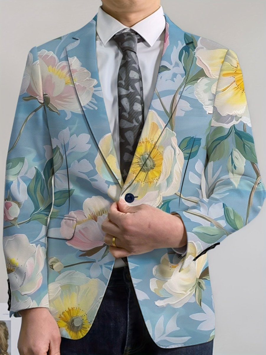 Men's floral print blazer by SHOWLU FASHION STORE, lightweight polyester suit jacket with vibrant tulip and anemone design.