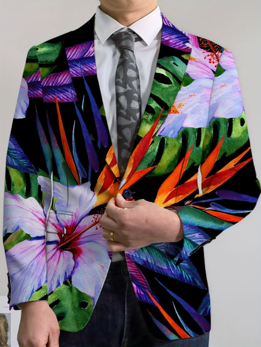SHOWLU Men's floral print blazer featuring vibrant tulip and anemone design, lightweight polyester suit jacket for all seasons.