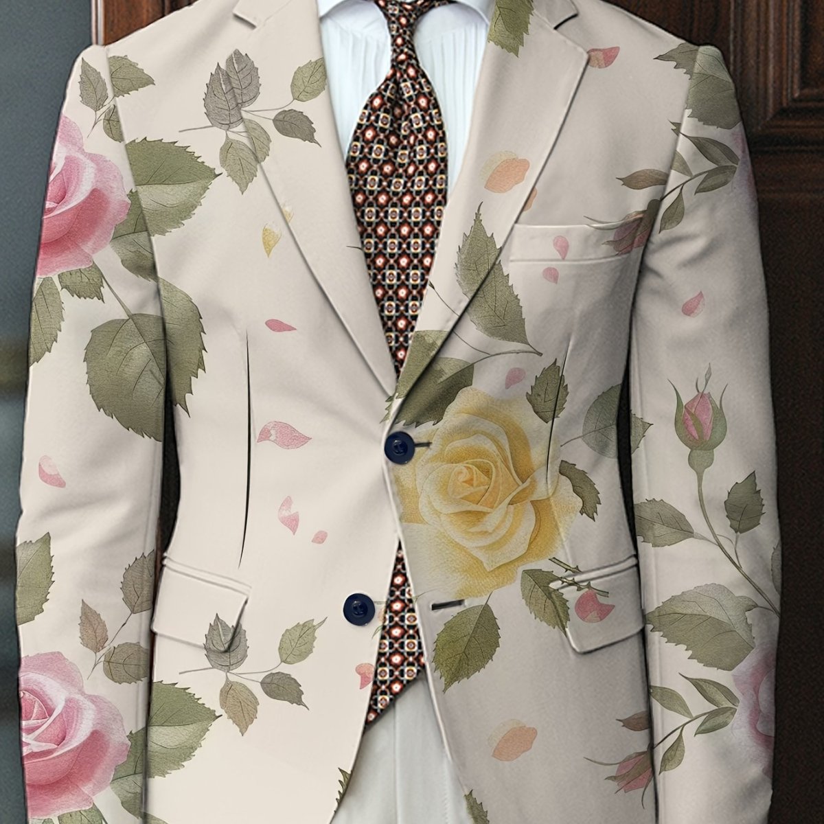 SHOWLU Men's floral print blazer with tulip and anemone design, lightweight polyester casual suit jacket with two buttons.