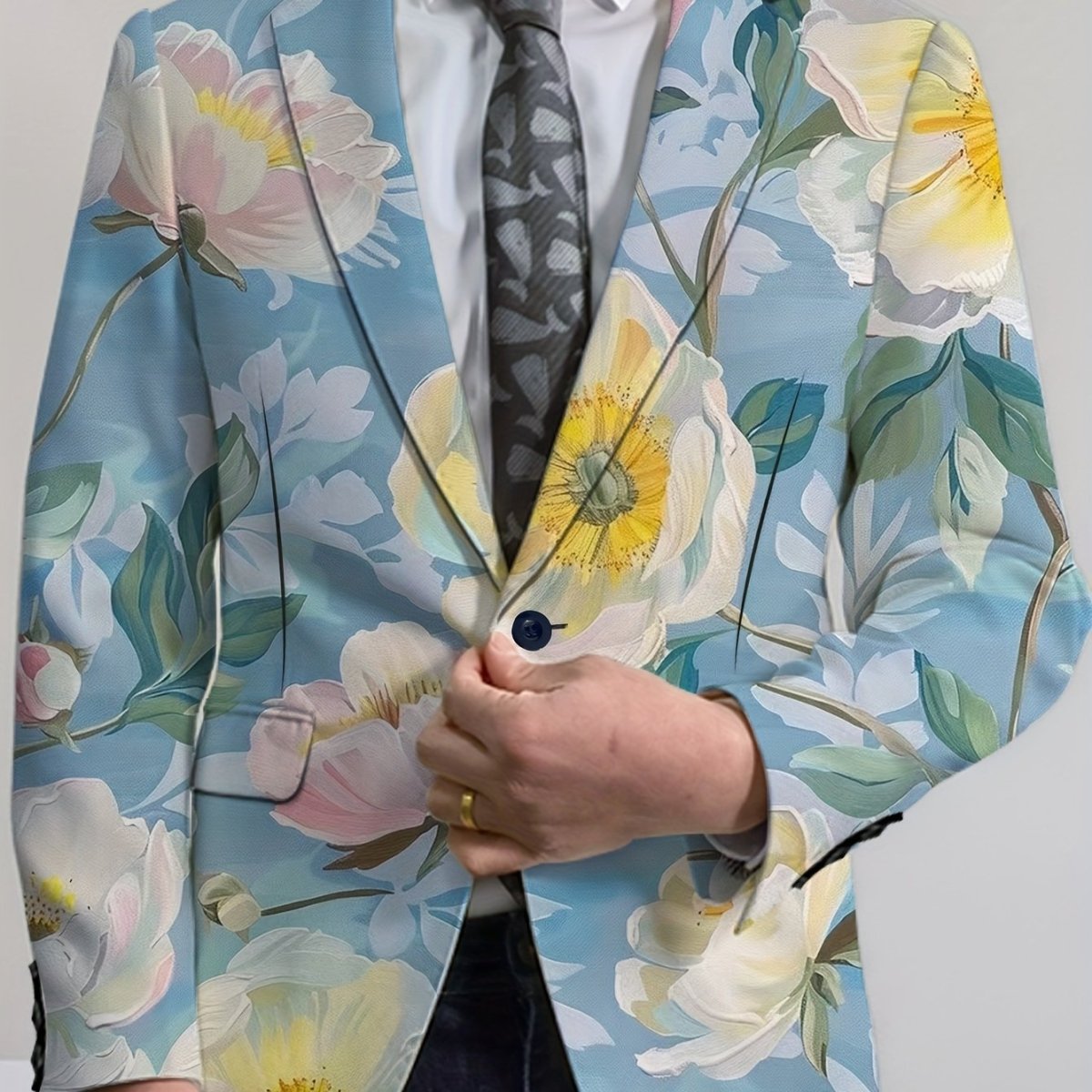 SHOWLU Men's floral print blazer with tulip and anemone design, lightweight polyester suit jacket, casual two-button style.
