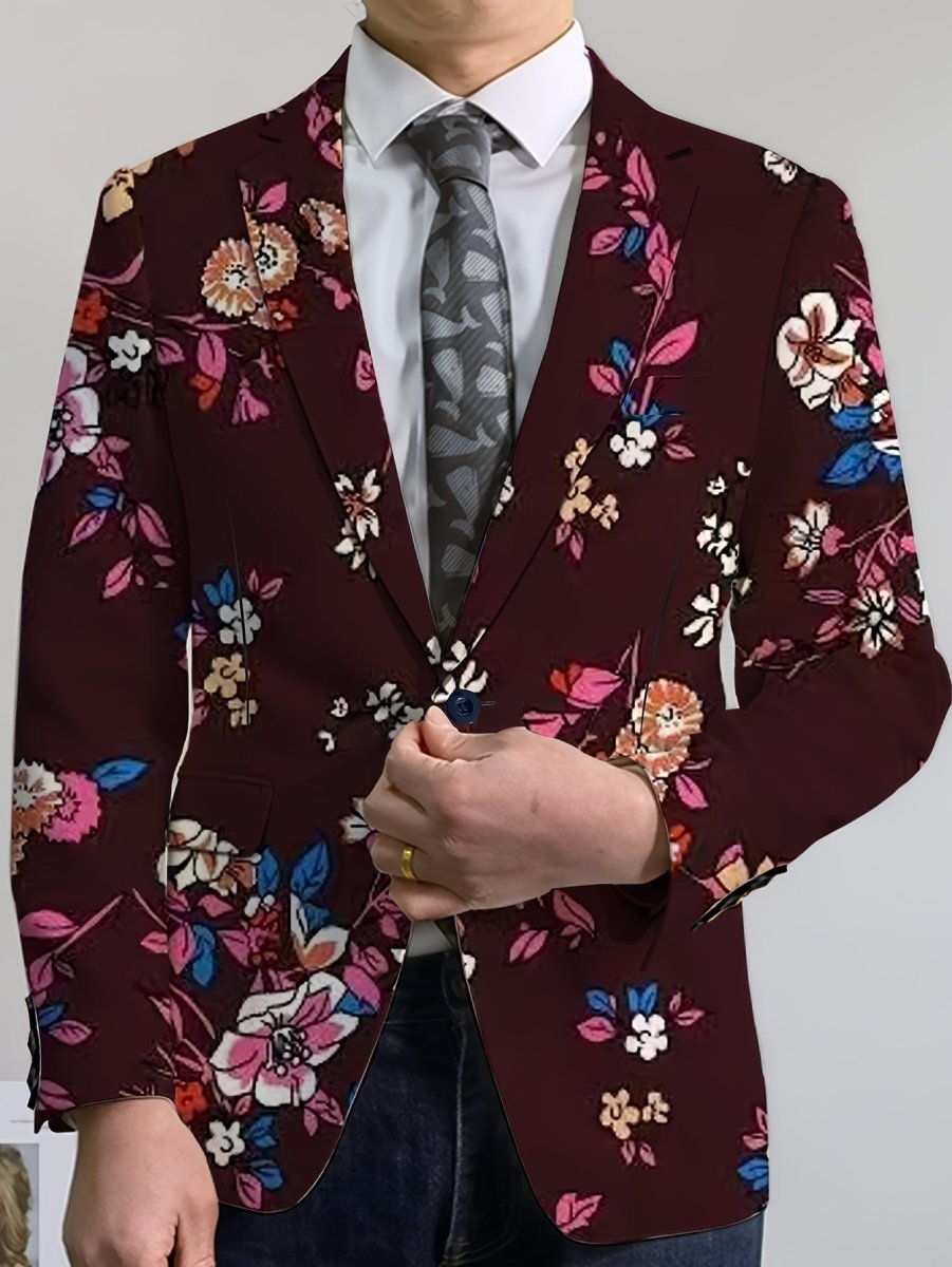 Men's navy blue floral print blazer with two buttons, vibrant red, white, and blue flowers, stylish woven jacket for casual or formal wear