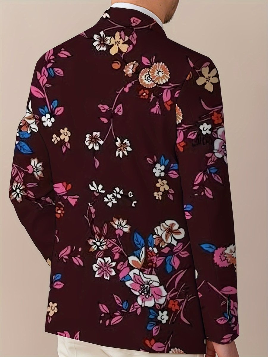 Men's navy blue floral print blazer with two buttons, vibrant red white and blue flowers, casual or formal wear by SHOWLU FASHION STORE.