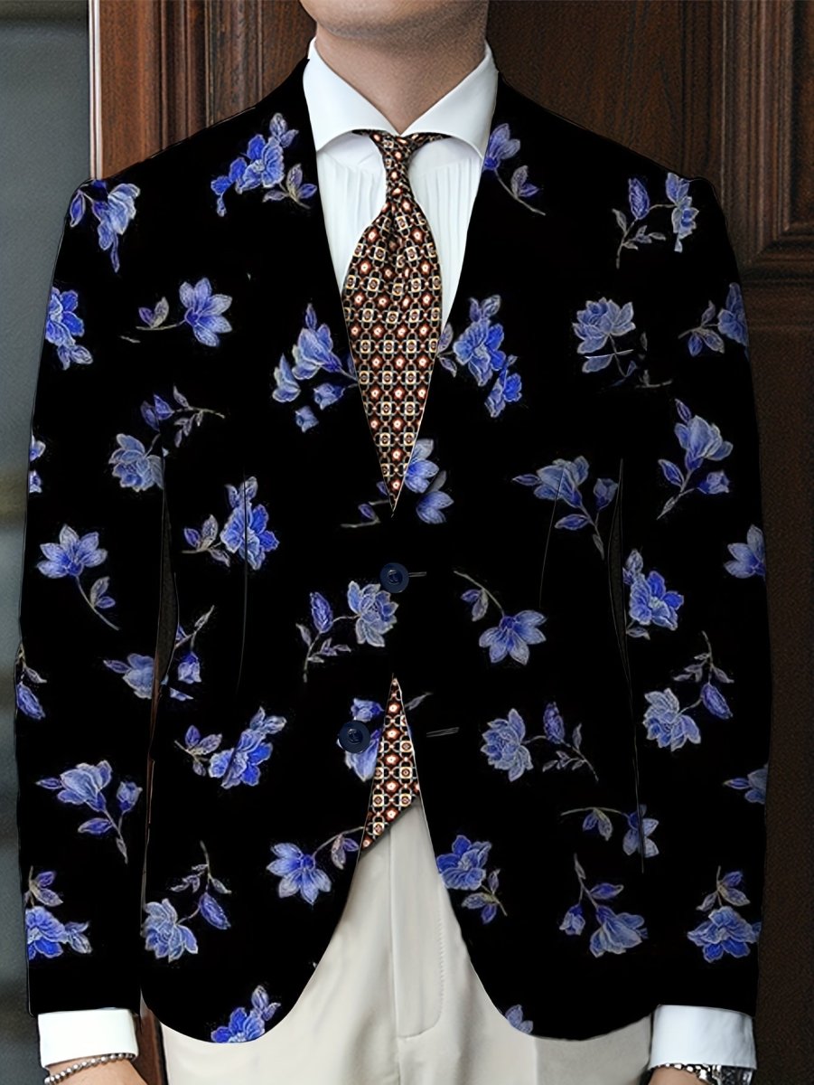 Men's navy blue floral print blazer from SHOWLU, stylish woven two-button jacket with vibrant red, white, and blue floral pattern.