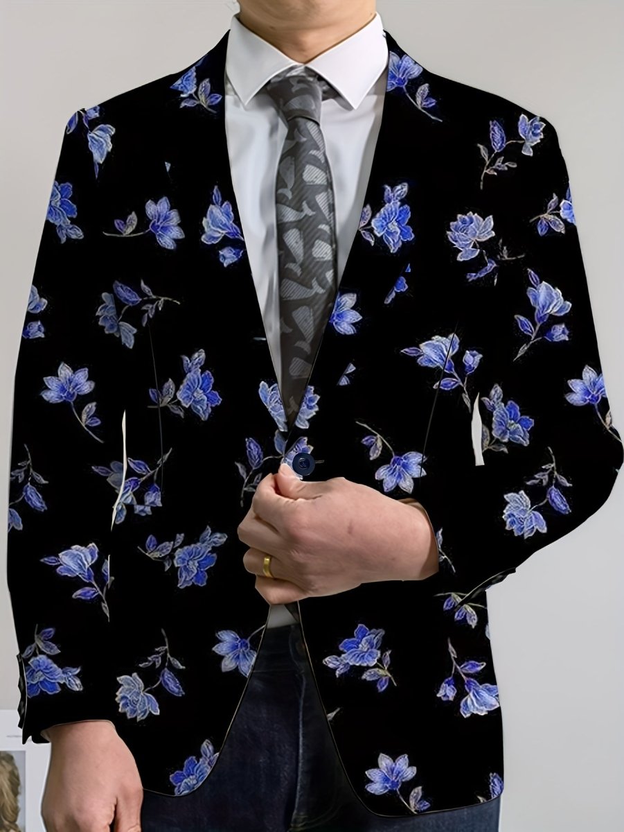 Men's navy blue floral print blazer with two buttons, featuring vibrant red, white, and blue flowers, suitable for casual or formal wear.
