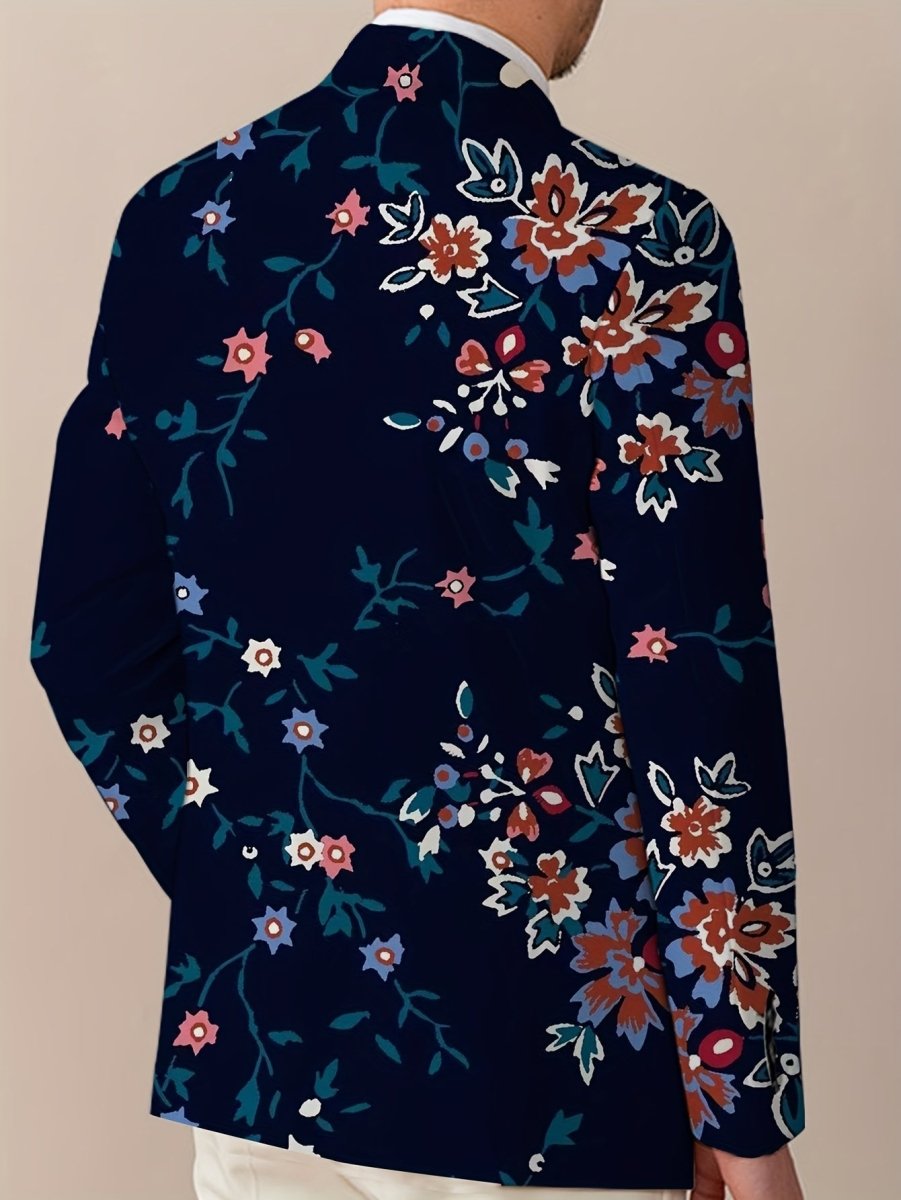 Men's navy blue floral print blazer with two buttons, featuring vibrant red, white, and blue flowers, perfect for casual or formal wear.