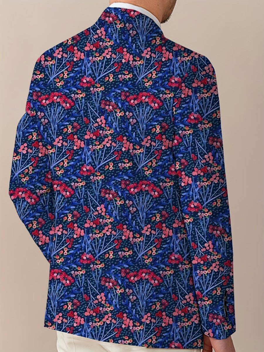 Men's navy blue floral print blazer with red, white, and blue flowers, two-button design, stylish woven jacket for casual or formal wear.