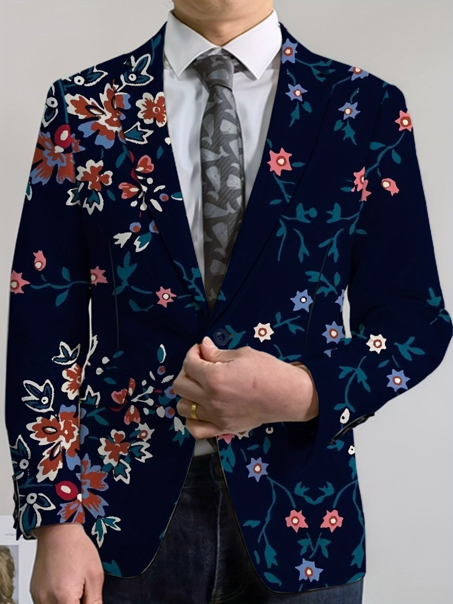 Men's navy blue floral print blazer with vibrant red, white, and blue flowers, two-button front, casual and formal wear style.
