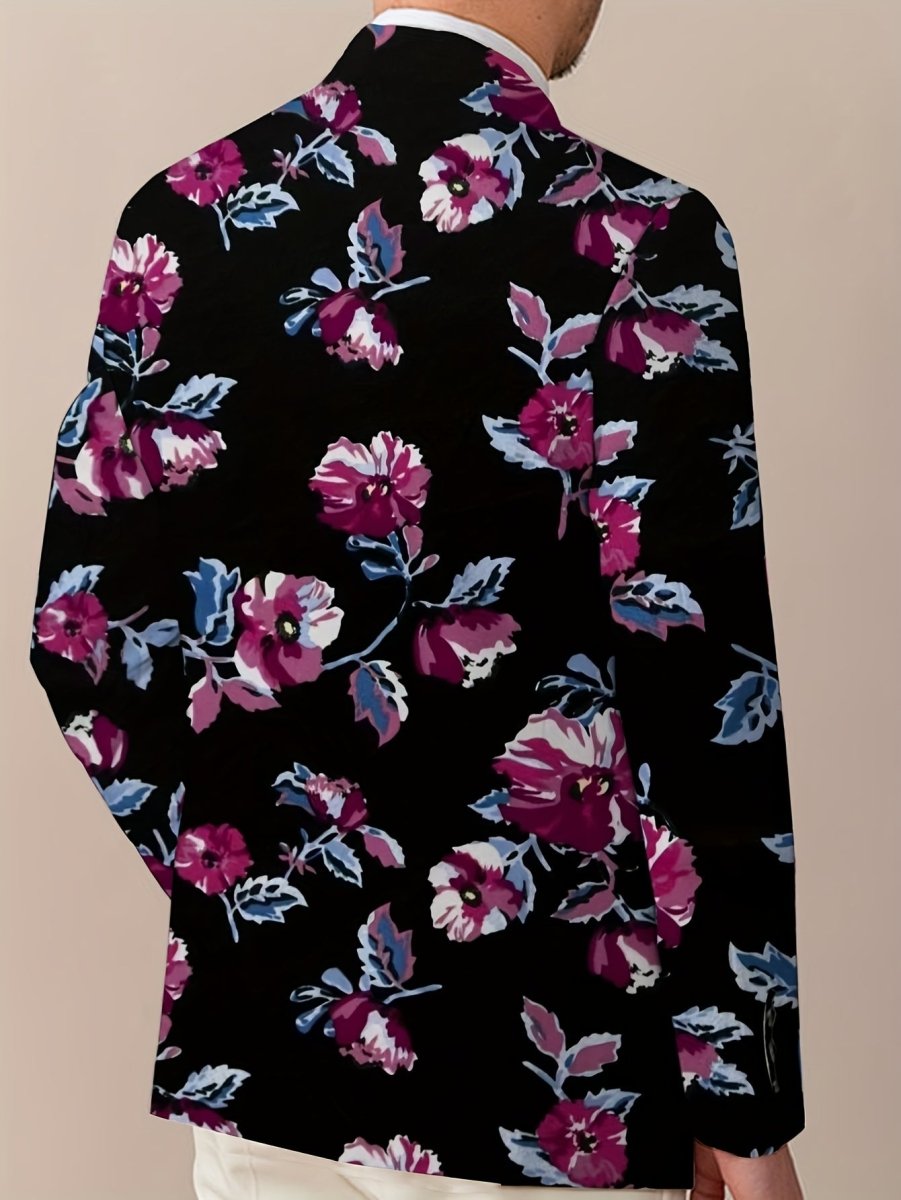 Men's navy blue floral print blazer with red, white, and blue flowers, two-button woven jacket for casual or formal wear.