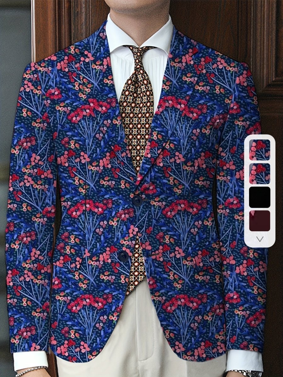 SHOWLU men's navy blue floral print blazer with red, white, and blue flowers, two-button design, tailored for casual or formal wear.