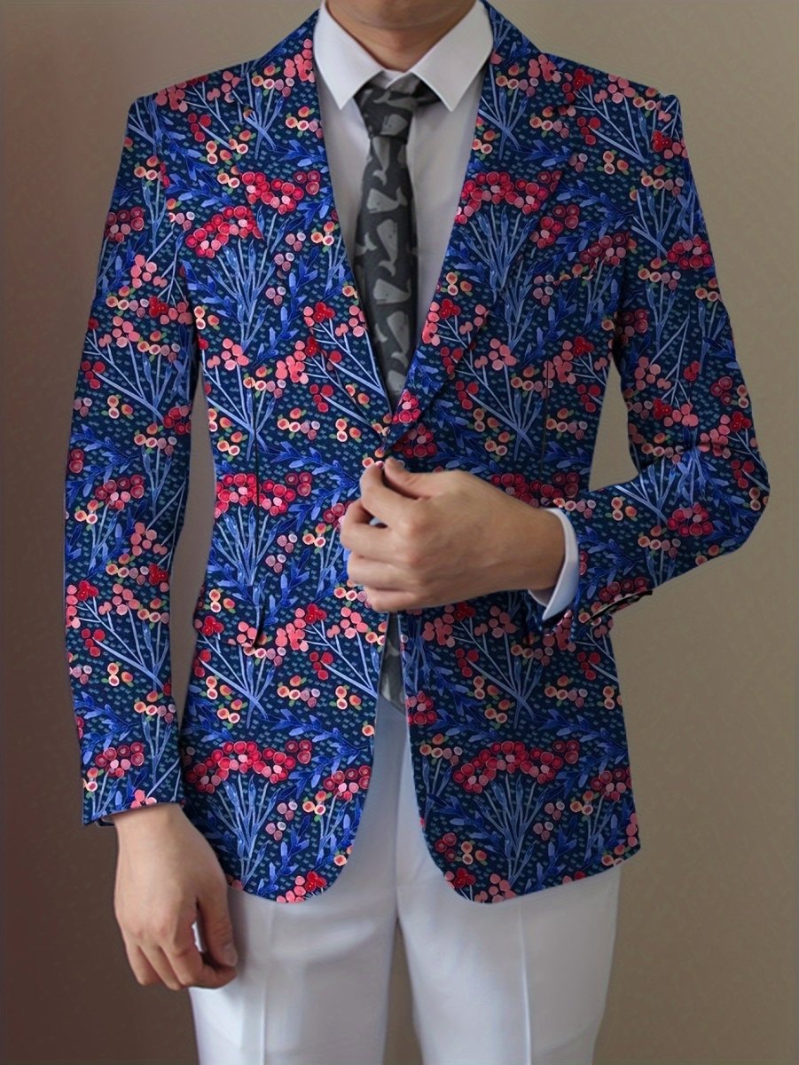 Men's navy blue floral print blazer with vibrant red, white, and blue flowers, two-button woven jacket from SHOWLU FASHION STORE