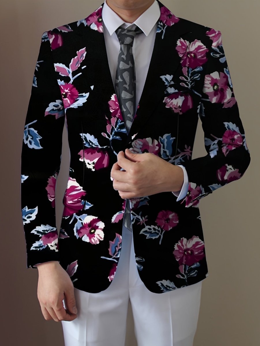 Men's navy blue floral print blazer with two buttons, vibrant red and white flower pattern, casual and formal wear style.