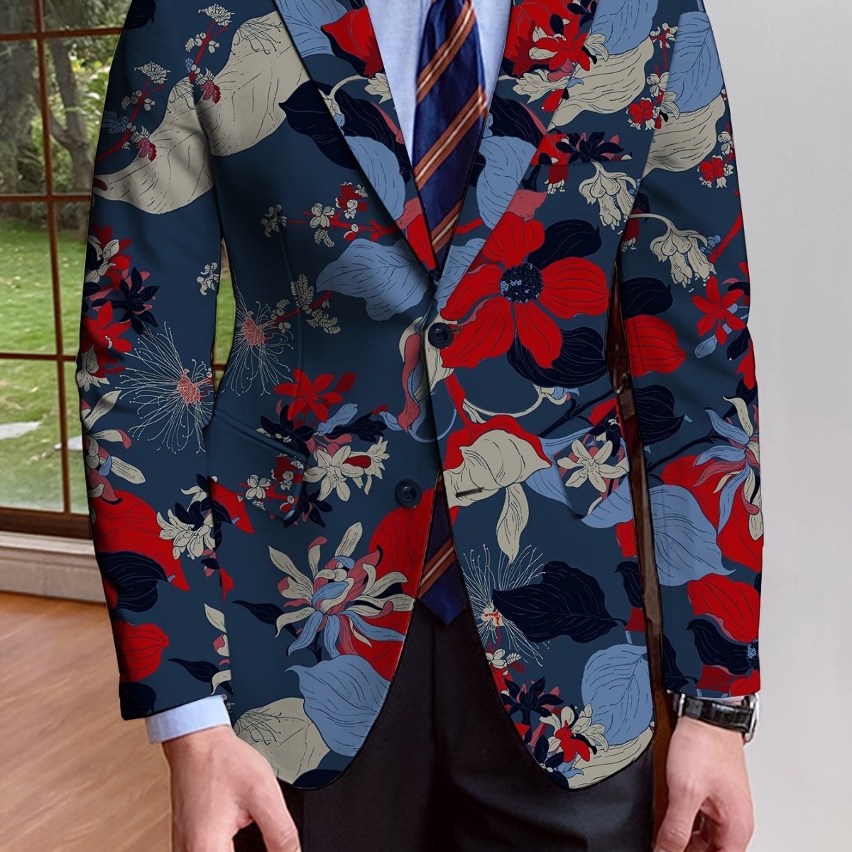 Men's floral print blazer by SHOWLU FASHION STORE, single-breasted suit jacket with full-length sleeves for mature autumn and winter style.