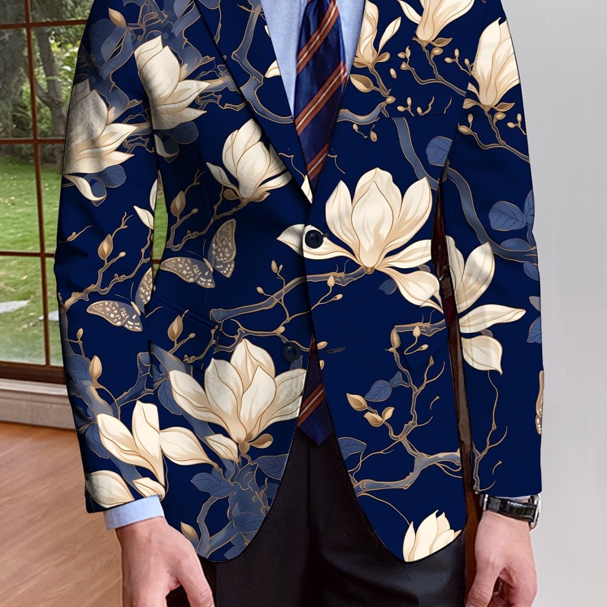 Men's floral print blazer by SHOWLU FASHION STORE, single-breasted suit jacket with full-length sleeves for autumn and winter fashion.