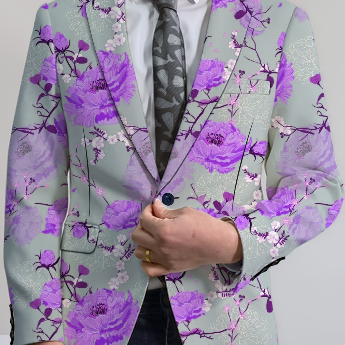 Men's floral print suit jacket by SHOWLU FASHION STORE, casual regular fit blazer with floral pattern, polyester blend, lapel, and button details.