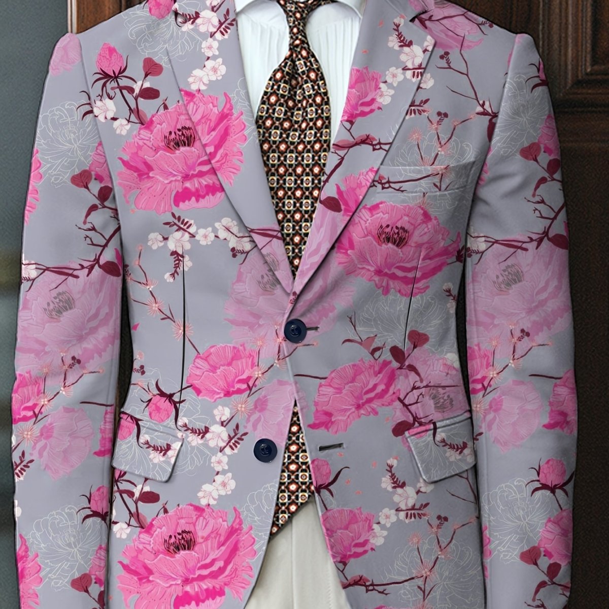Men's floral print suit jacket by SHOWLU FASHION STORE, casual regular fit blazer with lapel, stretch fabric, and button details.