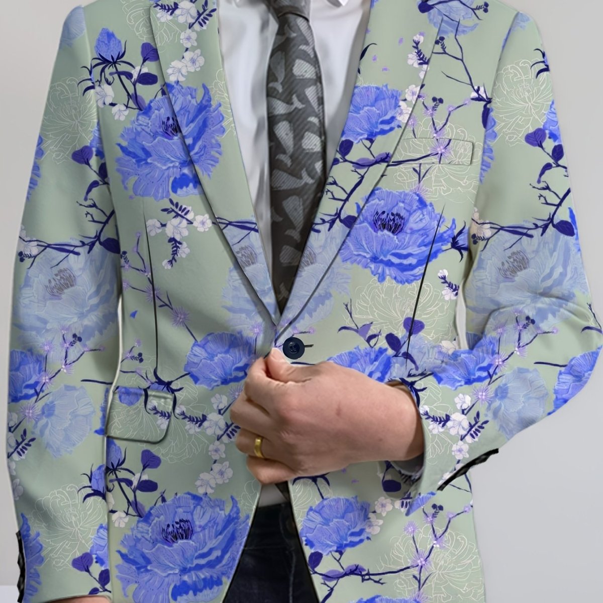 SHOWLU Men's floral print suit jacket with casual lapel, regular fit, polyester blend fabric, button detail, suitable for all seasons.