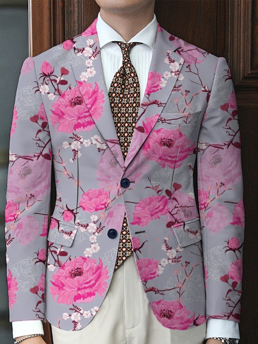 Men's floral print suit jacket by SHOWLU FASHION STORE, casual regular fit blazer with lapel, button details, and slight stretch.